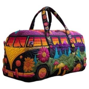 Vibrante und farbenfrohe Quilted Duffle Bag mit Bus-Motiv, perfekt für Kurztrips, Reisen oder den Alltag, handgefertigt aus strapazierfähigem Polyester