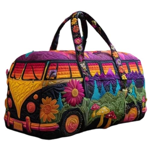 Vibrante und farbenfrohe Quilted Duffle Bag mit Bus-Motiv, perfekt für Kurztrips, Reisen oder den Alltag, handgefertigt aus strapazierfähigem Polyester
