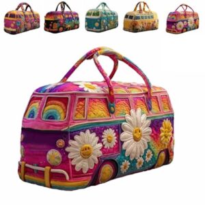 Hippie Van Quilted Duffle Bag, Boho Wochenendtasche mit verstellbaren Tragegurt, Retro-Stil für Damen, ideal für Kurztrips
