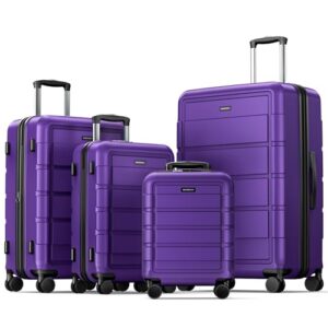 Vier Reisetaschen in verschiedenen Größen und Farben, darunter ein großer Koffer auf der linken Seite und ein kleiner auf der rechten. Jede Tasche hat einen Griff und Räder für den einfachen Transport.