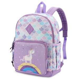 VASCHY Rucksack für Mädchen, Schulrucksack mit Seitentaschen und Brustgurt, Lila Einhorn, One Size