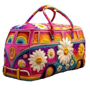 Hippie Van Quilted Duffle, Bag – Boho-Wochenendtasche mit verstellbarem Tragegurt und Retro-Stil für Damen/Herren, perfekte Reisetasche für Urlaub & Party