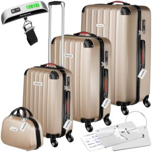 Tectake Reisekoffer Kofferset, 4-teiliges Set mit Kofferwaage und Gepäckanhänger, Hartschalenkoffer mit Zahlenschloss, ideal für Reisen, komfortables Gepäck