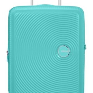 Blauer Spinner-Suitcase von American Tourister mit Poolside-Blue-Farbschema, widerstandsfähiges Handgepäck für Reisen von 2 Tagen