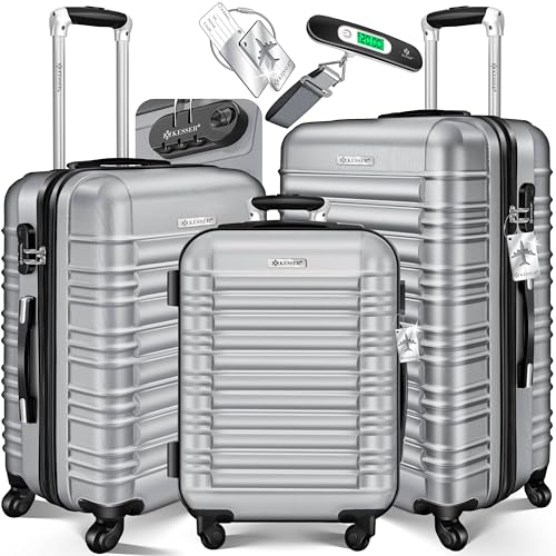 KESSER 3-tlg. Hartschalenkoffer-Set, Reisegepäck mit Hartschale, Teleskopgriff und Schloss, inkl. Kofferwaage + Gepäckanhänger
