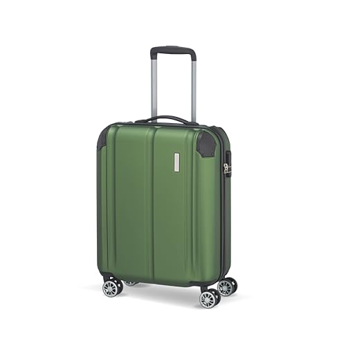 Grüner Reisekoffer mit kratzfesten Hartschalen und vier Doppelrollen für Lufthansa, Swiss, Austrian, KLM, Condor und Eurowings