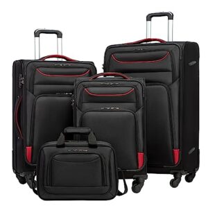 Set aus vier schwarzen Koffern mit roten Akzenten, ideal für Reisen und Urlaub. Hochwertige Materialien, TSA-Zahlenschlossfunktion und 100% Garantie.