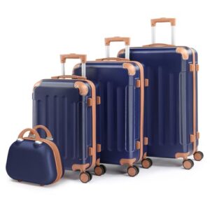 LALAHO 4-teiliges Kofferset mit Hartschale, Reisekoffer mit Rollen, großer Hartschalenkoffer Set für Kosmetikkoffer, Navy-Braun