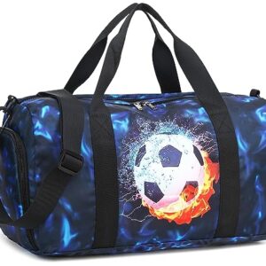 Sporttasche für Kinder und Jugendliche mit Schuhfach und Nassfach, blauer Fußball auf der Vorderseite