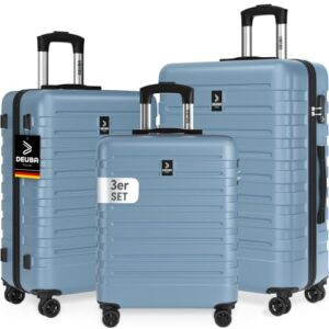 Drei blaue Reisekoffer in einem Set, bestehend aus einem kleinen Handkoffer und zwei größeren Koffern mit silbernen Rädern und schwarzer Handhabung. Das Set ist ideal für Familien, Paare und Singles und bietet maximale Bewegungsfreiheit.