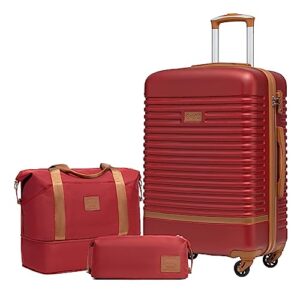 Drei COOLIFE Koffer in Rot und Braun, ein großes und zwei kleinere Koffer mit Reisetasche und Kulturbeutel auf weißem Hintergrund