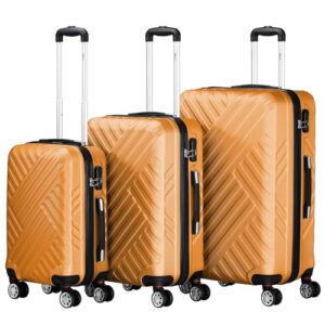 Drei orange Koffer aus dem Set Zelsius, darunter ein großer Rolltrolley und zwei große Reiseskafate mit Doppelrollen und Zahlschloss