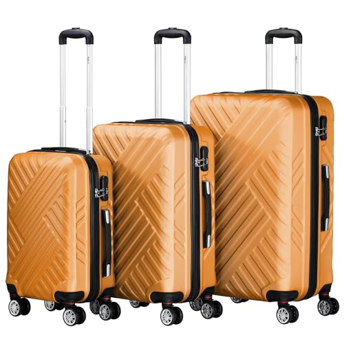 Drei orange Koffer aus dem Set Zelsius, darunter ein großer Rolltrolley und zwei große Reiseskafate mit Doppelrollen und Zahlschloss