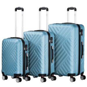Ein Set aus drei Hartschalenköfferen mit Zahlenschloss, Doppelrollen und Innen-Trennwand in Stahlblau. Perfekt für Ihre nächste Reise oder Geschäftsreise.