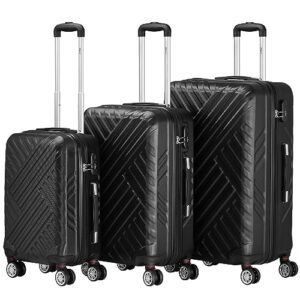 Drei schwarze Hartschalenkoffer mit Zahlenschloss und Doppelrollen, geeignet für Reisen und Urlaube