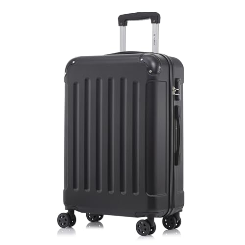 Schwarzer Reisekoffer mit 4 Rollen und 360° Drehgriff, Hartschalenreisekoffer mit Zahlenschloss und weichem Gummigriff