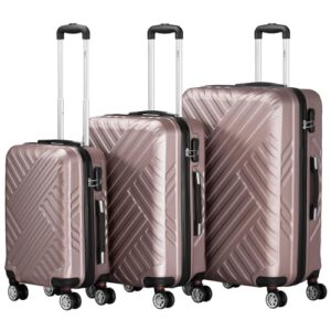 Drei rosafarbene Koffer in Reih und Glied. Der erste Koffer links ist leicht hinten, was der Bildaufnahme Tiefe verleiht. Alle drei Koffer sind identisch und haben Räder an der Unterseite, bereit zum Reisen.